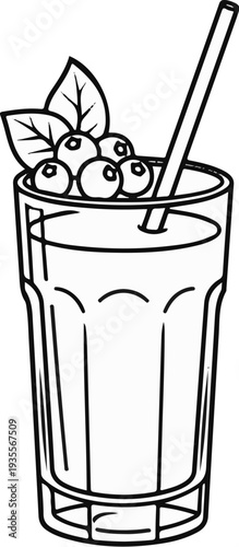 A line drawing of a tall glass filled with a drink and topped with blueberries and leaves