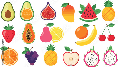 Colorful fruit illustration collection in grid pattern featuring tropical and exotic fruits like avocado, mango, pineapple, dragon fruit, fig, papaya, and more