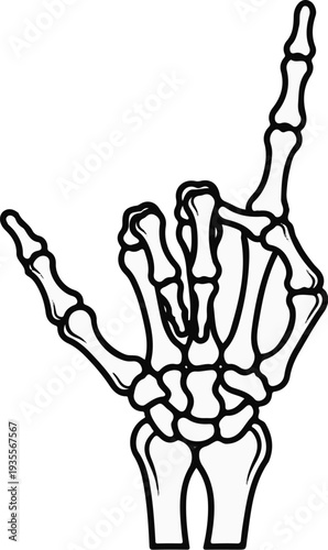 A stark black and white illustration of a skeletal hand in a rock-on gesture