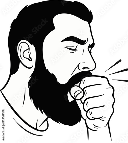 A bearded man with closed eyes covers his mouth and coughs