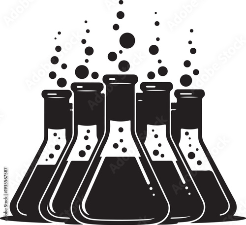 Black and white illustration of bubbling chemistry beakers laboratory
