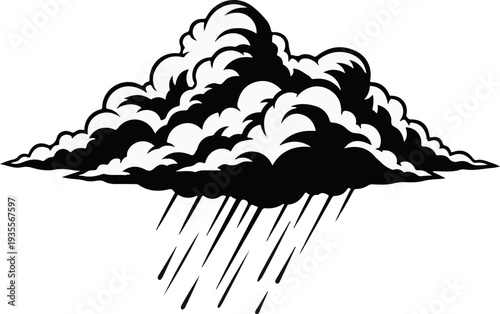 A stylized, black and white illustration of a dark storm cloud releasing rain drops