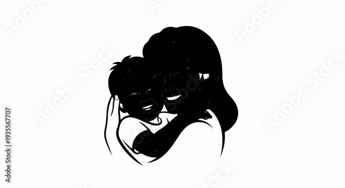 A mother's embrace, a child's joy, black silhouette, happiness shared