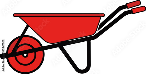 A simple cartoon illustration of a red wheelbarrow with black frame and handles
