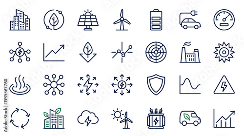 Collection of simple line icons representing various technology and industry concepts from a straightforward viewpoint