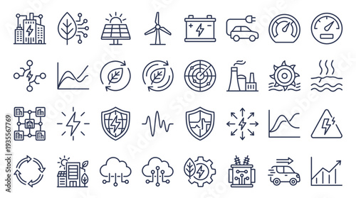Collection of icons representing various industry and technology concepts in a modern and minimalist style