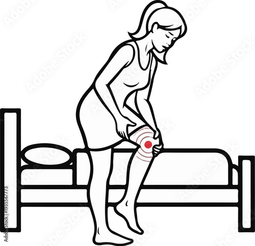 Woman experiencing knee pain while sitting on the edge of a bed