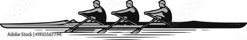 Three athletes rowing in a long boat on water