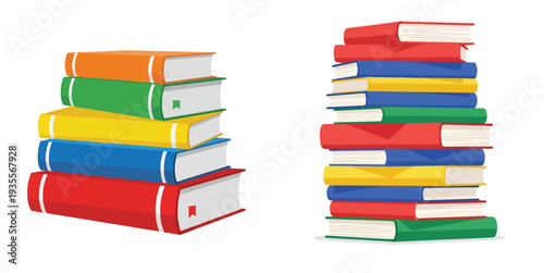 A stack of colorful books, flat design, single illustration, vector artwork, white background, solid primary colors, minimal depth.