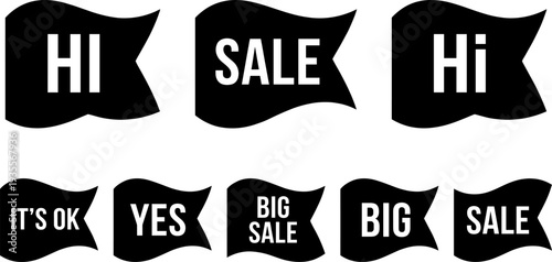 Flag banner silhouette icon set vector illustration featuring 9 promotional designs with text phrases for advertising and communication