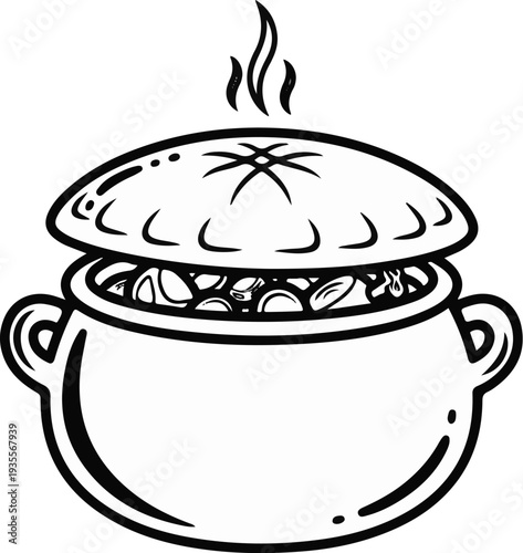 Steaming pot with a decorative pie crust lid and filling visible