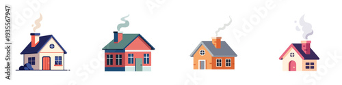 A cozy house with chimney smoke, flat design, single building illustration, vector artwork, isolated on white background, solid soft colors.