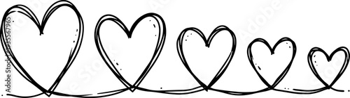 Hand-drawn heart silhouette icon set vector illustration featuring 5 whimsical designs connected by wavy decorative line motifs