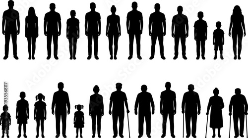 Human growth silhouette icon set vector illustration featuring 28 diverse designs showing progression from childhood to elderly stages