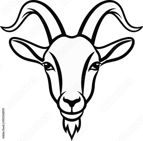 Stylized black and white drawing of a goat's head with prominent horns