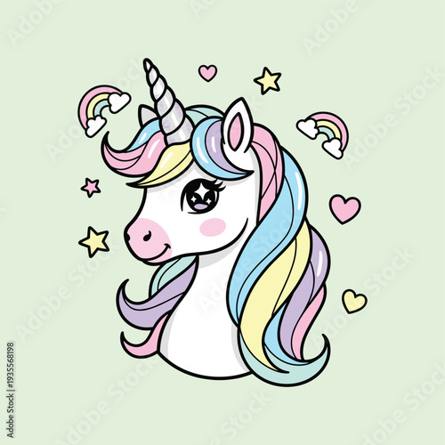 Cute cartoon unicorn with rainbow mane and pastel colors