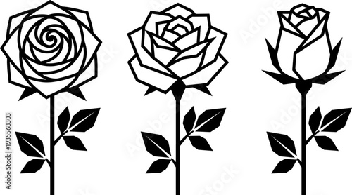 Rose silhouette icon set vector illustration featuring 3 unique designs with spiral, geometric, and compact petal motifs