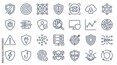Set of security icons representing protection and safety measures in a digital landscape viewed from a straightforward perspective