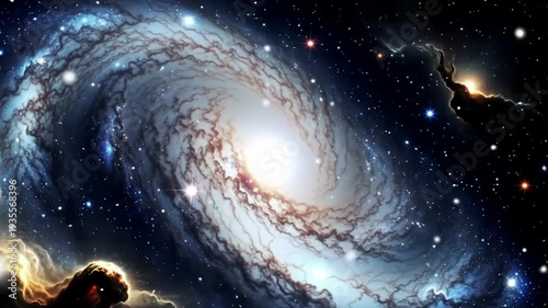 A swirling galaxy with white center, amidst nebulae and bright stars in the dark space