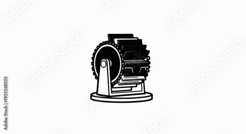 Vintage rolodex with cards on white background, black and white graphic