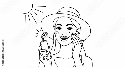 Woman applying sunscreen under the sun with a wide-brimmed hat