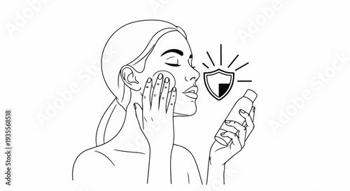 Woman applying toner with a pad and holding a bottle, shield icon nearby