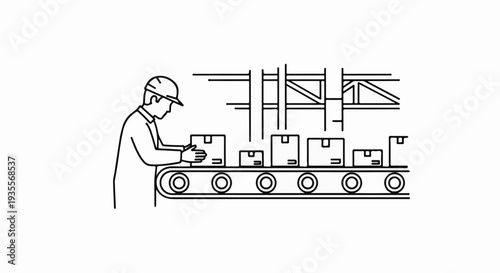 Worker with hard hat sorts boxes on a conveyor belt in factory