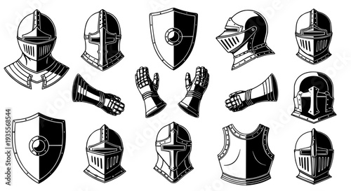 Medieval Knight Helmet and Armor Silhouettes – Black Protection Gear Vector Set EPS 10