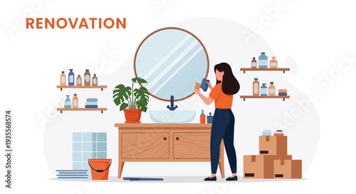 Woman cleaning a mirror in a bathroom with renovation materials and supplies around her.