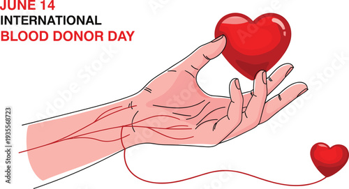 Creative illustration for International Blood Donor Day with hand, heart, and blood tube design, perfect for health awareness campaigns, medical posters, and charity projects