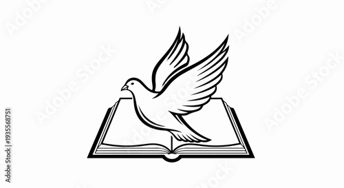 A stylized dove with open wings emerges from an open book