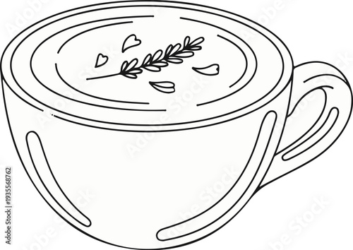 Line drawing of a cup of beverage with lavender sprigs and petals