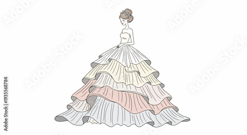 Woman Wearing Elegant Multi Layered Ball Gown Dress.
