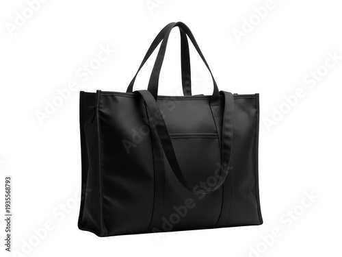 Black leather tote bag isolated on transparent background