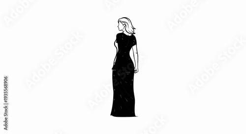 Elegant woman in a long, black, flowing dress, viewed from the side