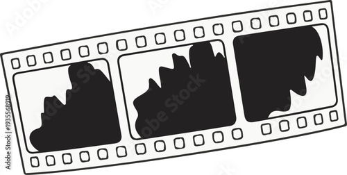 Black abstract shapes within a damaged film strip with perforated edges