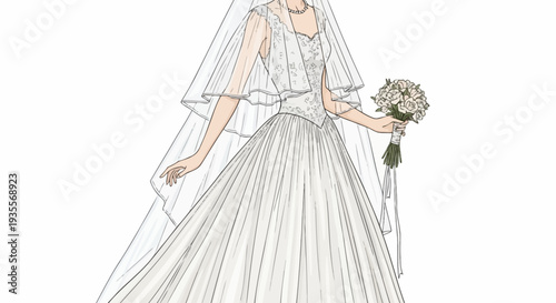 Bride Holding Bouquet Wedding Dress Illustration.