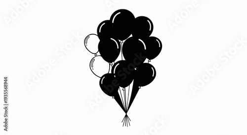 Cluster of black and white balloons tied together with strings