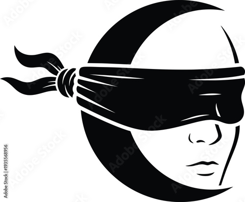 Blindfolded face silhouette with crescent moon shape behind it isolated on transparent background