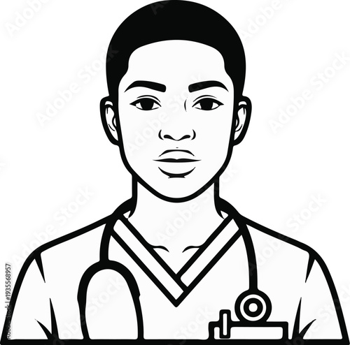 Black and white illustration of a young person in medical attire