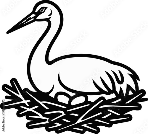 Black and white line art of a stork incubating eggs in a nest