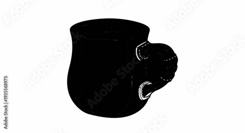 Black illustrated mug with a sculpted handle on a white background