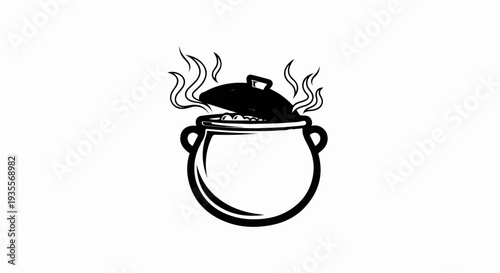 Black and white illustration of a pot with a partially open lid, emitting steam