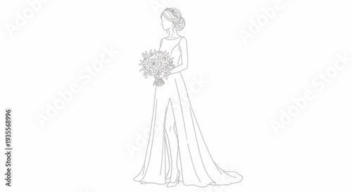 Bride in Wedding Dress Holding Flowers.