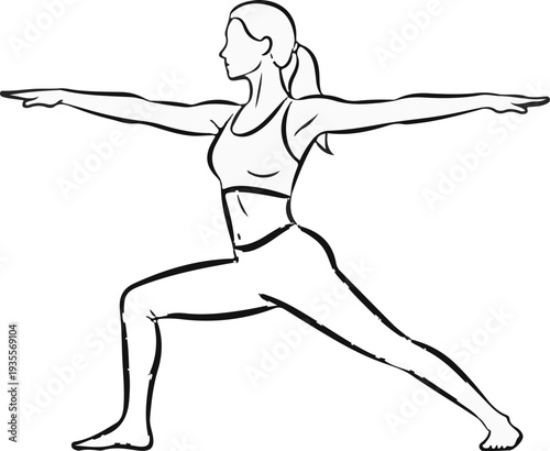 Line drawing of a woman in a warrior yoga pose