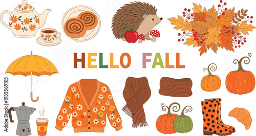 Cozy hello fall vector illustration set featuring cute autumn season elements including pumpkins, colorful leaves, warm floral cardigan, hot tea, hedgehog, and rain boots.