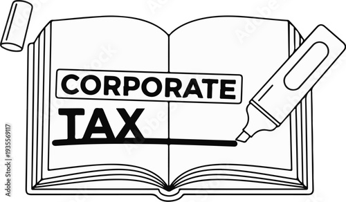 Open book with "Corporate Tax" highlighted by marker pen