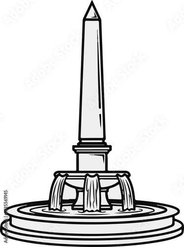 A tall, pointed obelisk stands atop a multi-tiered fountain with flowing water