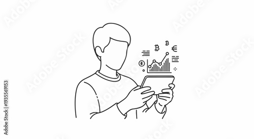 Person analyzes financial data with charts, graphs, and currency symbols on a tablet