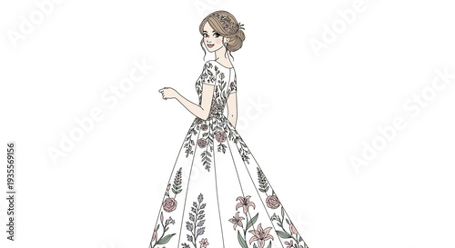 Woman in Elegant Floral Wedding Dress Illustration.